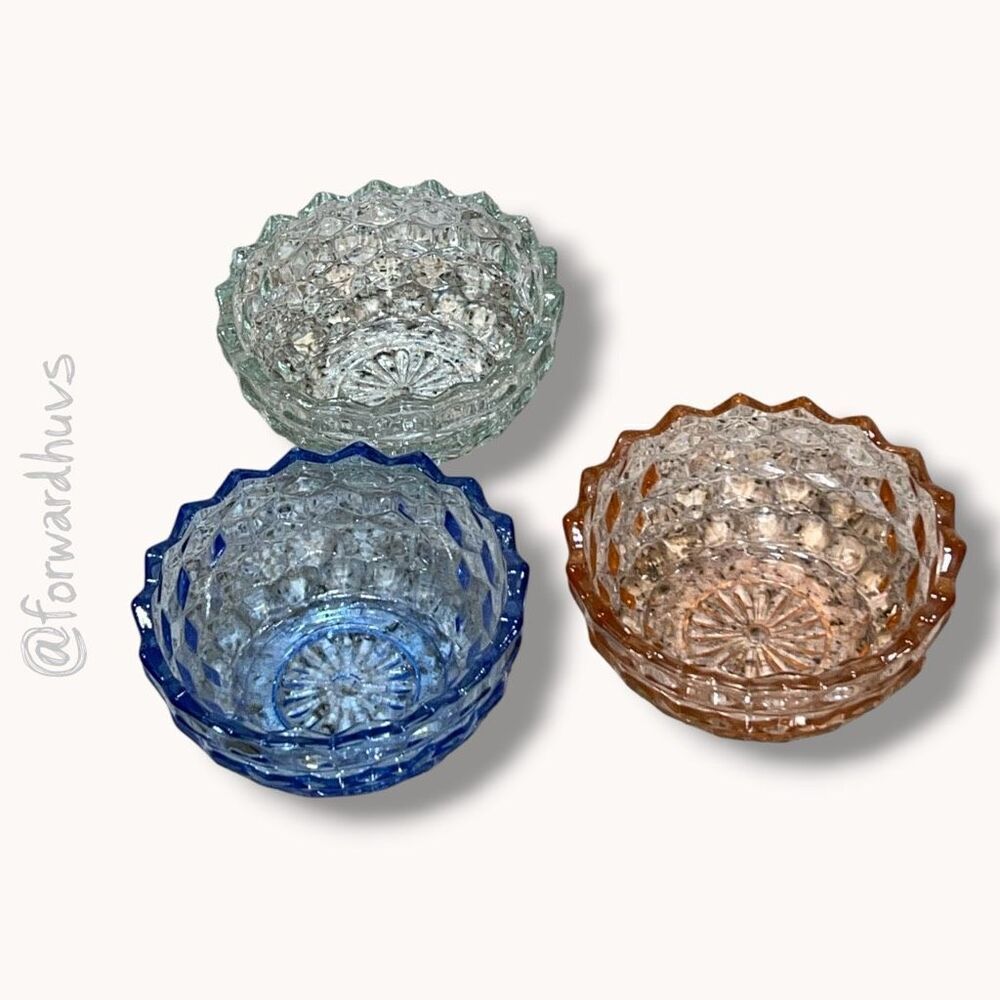 Set of 3 Pressed Glass Dessert Bowls – Blue, Peach Amber, Clear – 6”